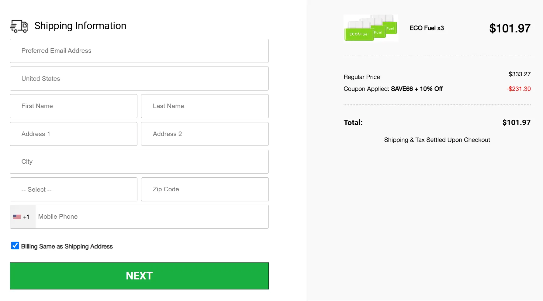eco fuel saver secure checkout page